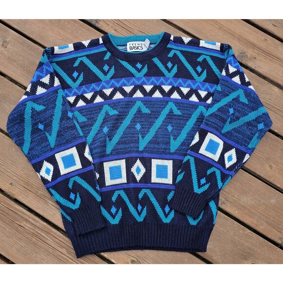 Vintage Trend Basics Sweater Adult Large Blue Geometric Aztec Colroful Knit 90s - Picture 1 of 6